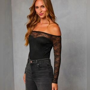 VICI Pumpkin Path Lace Off The Shoulder Bodysuit Black Sz LARGE